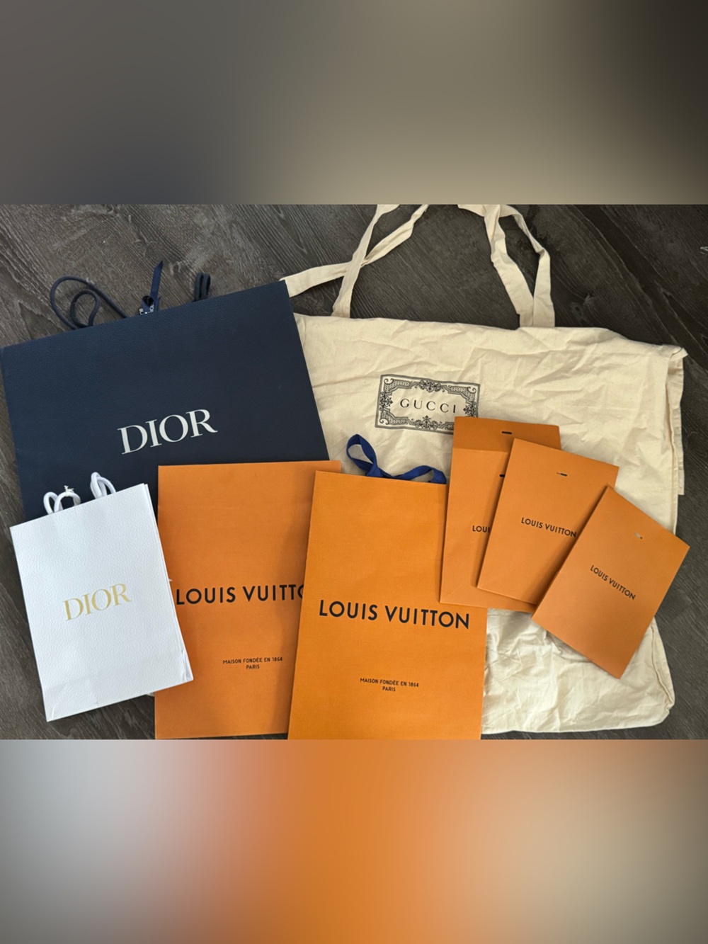 Luxury Designer Shopping Bag Lot — Louis Vuitton, Dior & Gucci